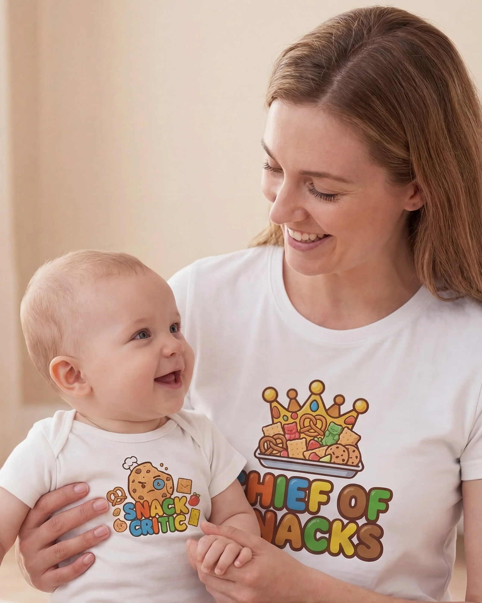 Snack Critic & Chief of Snacks Set worn by a parent and baby