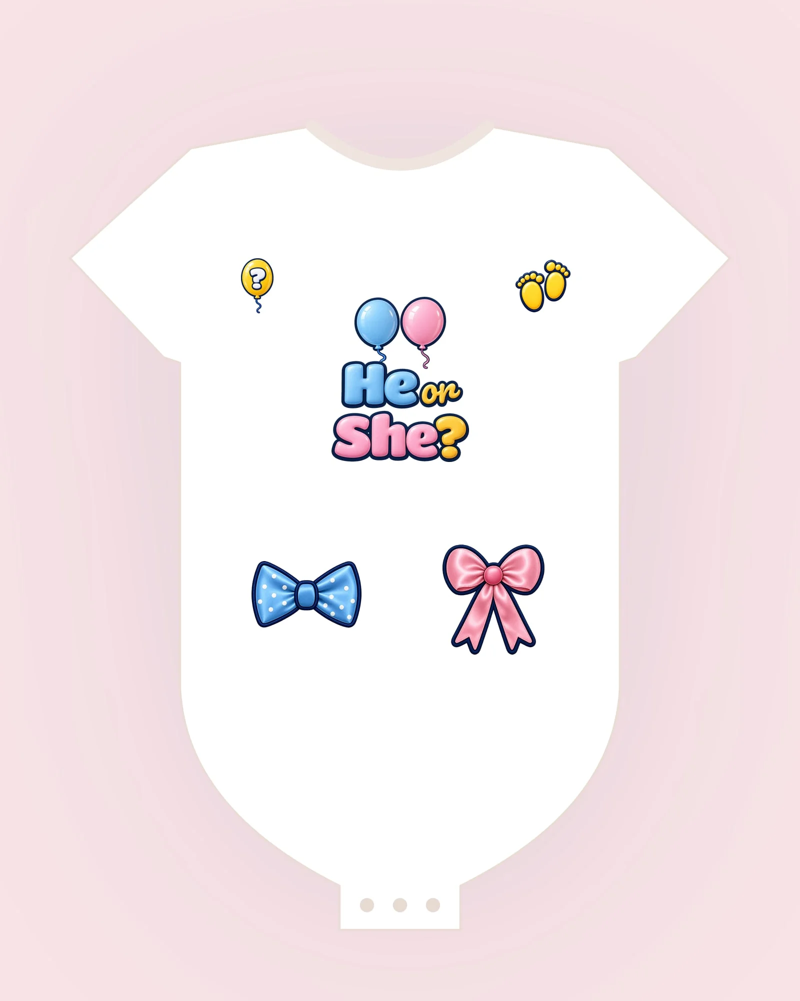 A white baby onesie decorated with He or She?, a blue bow tie, a pink bow, baby feet and a question-mark balloon