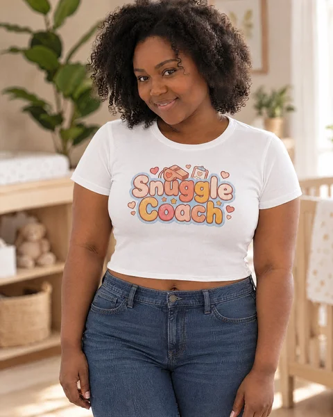 Parent wearing the Snuggle Coach™ tee in the Baby Tee