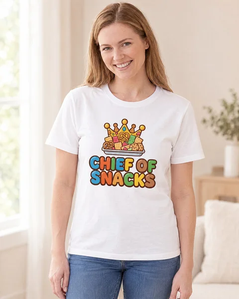 Parent wearing the Chief of Snacks™ tee in the Classic Fit